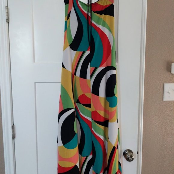 [M] Abstract Multicolor Swirl Stretch Bodycon Halter Maxi Dress - Picture 2 of 16